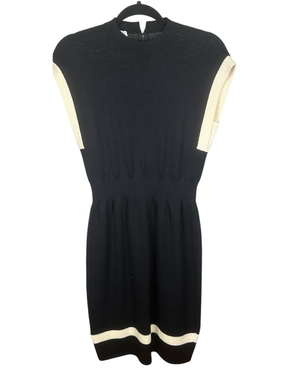 Vintage ST. JOHN Marie Gray Knit Dress Black Cream Stripe Midi Stretch Classic 6